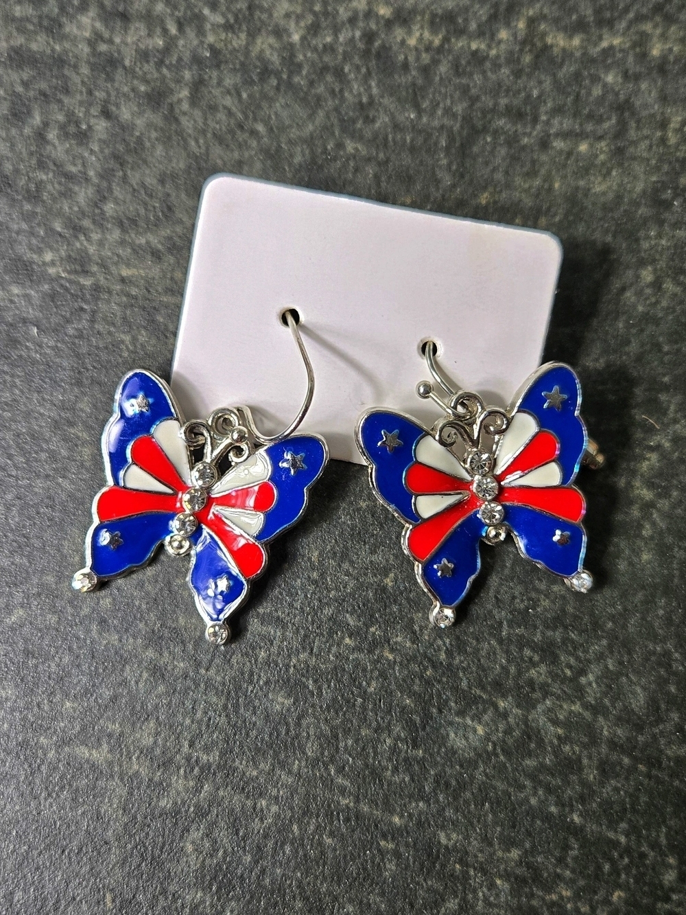 Patriotic Butterfly Dangle Earrings - Red, White & Blue - Picture 4 of 6